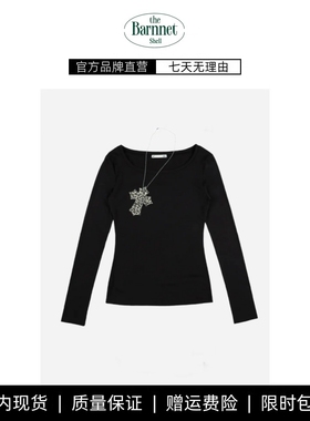 【现货】theBarnnet shell韩国辣妹豹纹十字架贴布链子长袖T恤