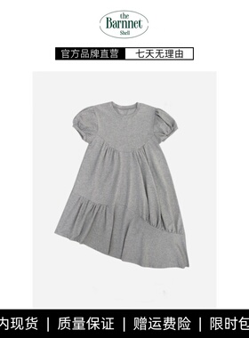 【现货】theBarnnet shell灰色圆领泡泡袖不规则裙宽松褶皱连衣裙