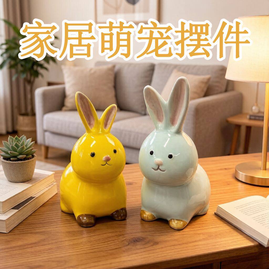 2026 新款陶瓷卡通兔子摆件网红治愈客厅桌面工艺品家居装饰品