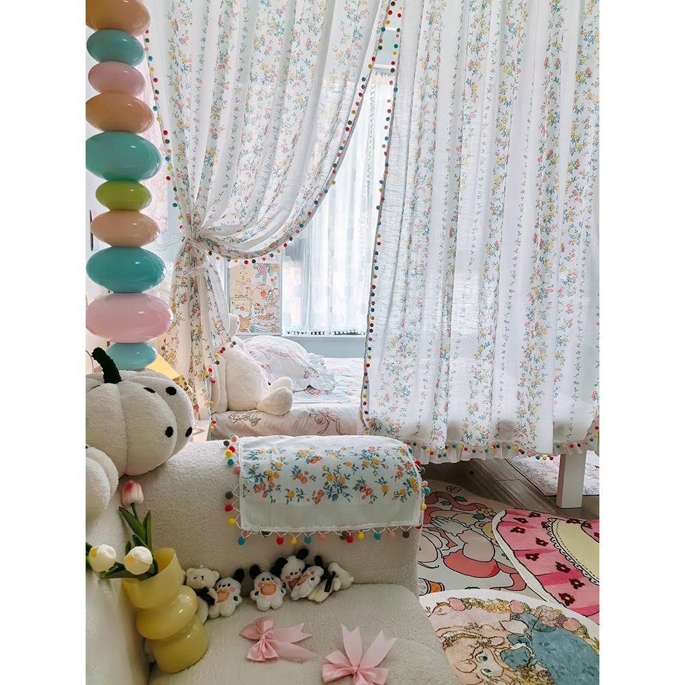 床对门碎断女花47381隔艺窗帘法式室屏孩门帘布遮光半免打风孔屏