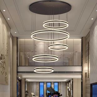 现代简约别墅客厅复式楼梯大吊灯轻奢创意圆环中空楼中楼loft吊灯