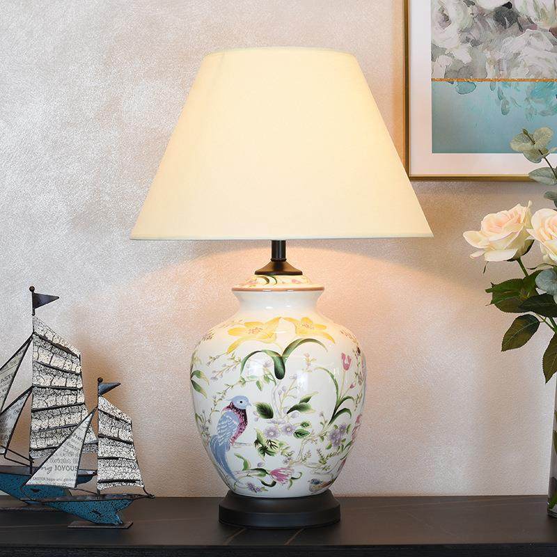 美式北欧全铜花鸟陶瓷台灯客厅沙发角几家用装饰灯卧室床头花瓶灯