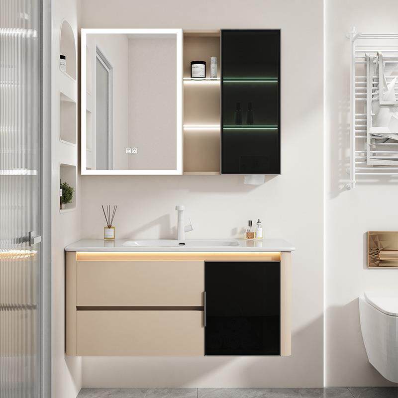 免漆实木浴室柜组合陶瓷一体盆洗手洗脸池卫生间挂墙洗漱台柜轻奢