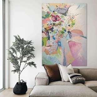 客厅手绘油画肌理画玄关欧式彩色花卉装饰画餐厅立体抽象丙烯无框