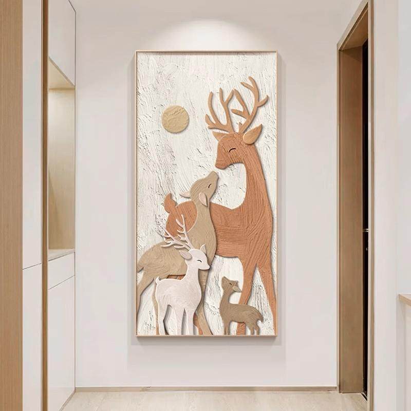 现代简约玄关装饰画轻奢入户正对门壁画麋鹿竖版过道走廊尽头挂画