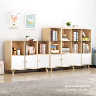 实木书柜书架一体靠墙收纳柜儿童落地简约风带柜门松木格子储物柜
