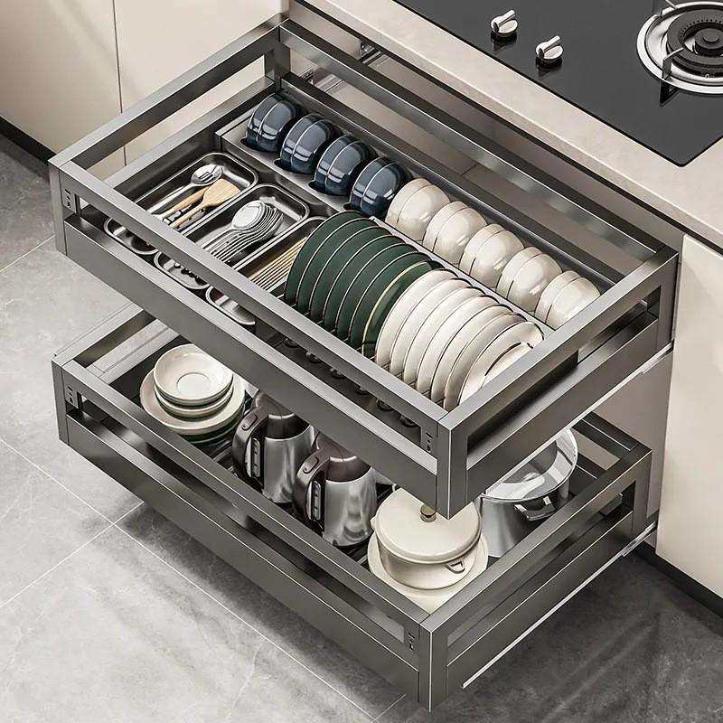 拉篮厨房橱柜304不锈钢碗碟碗柜双层厨柜碗架抽屉式调味碗篮收纳
