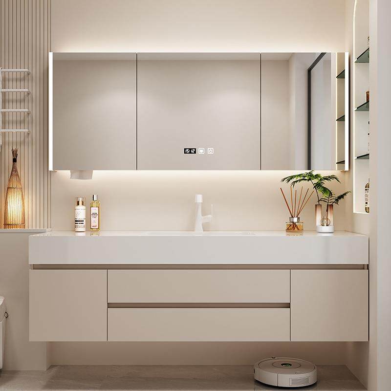 奶油风浴室柜组合岩板陶瓷无缝一体洗手脸台盆卫生间厕所洗漱新品