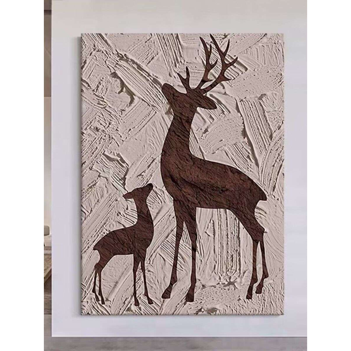 纯手绘小鹿抽象立体肌理装饰画玄关竖款大型油画绿色高端现代挂画图片