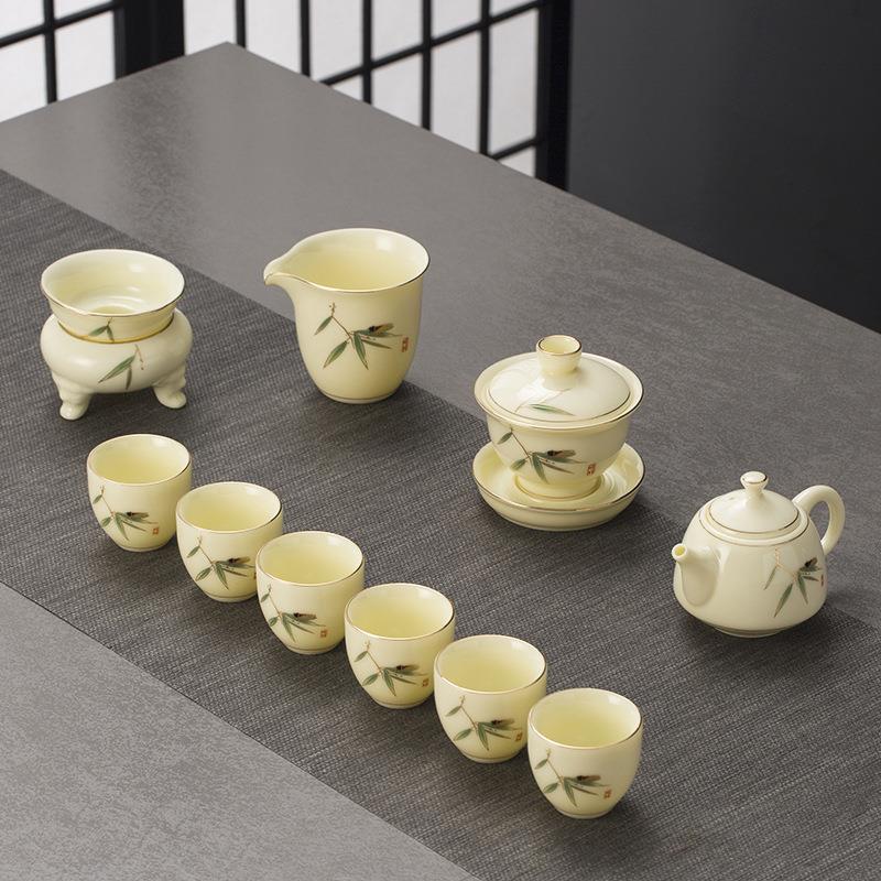 直销宝石黄陶瓷茶具套装羊脂玉瓷高端皮盒包装送客户LOGO