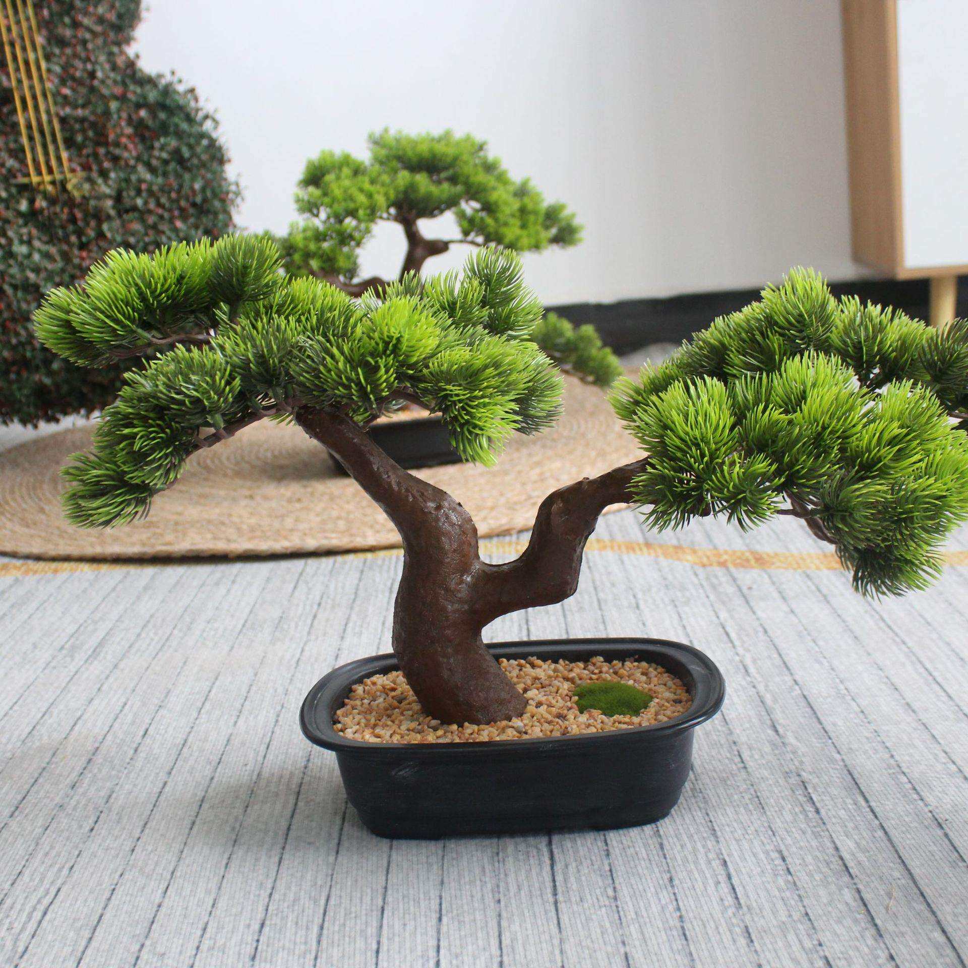 仿真绿植室内装饰造景假树小型新中式仿真迎客松树罗汉松盆栽摆件