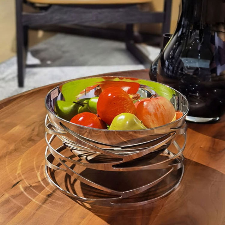 现代简约镂空不锈钢圆果盘样板房家用客厅餐桌茶几装饰托盘摆件图片