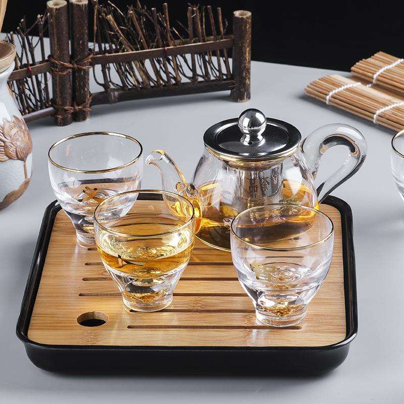 新款镶金箔水晶玻璃茶具创意描金茶杯茶海盖碗旅行装直销