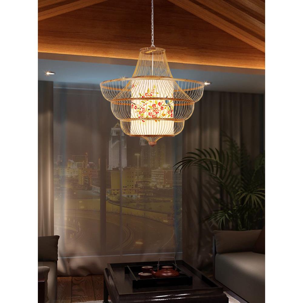 艺术灯新中式手工竹编吊灯手绘灯罩东南亚风格餐厅茶室竹艺装饰灯