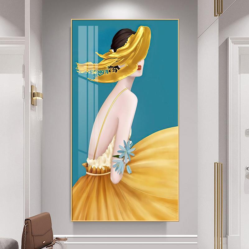 美女舞蹈艺术人物竖版画橘色入户过道楼梯走廊客厅玄关墙面巨大幅