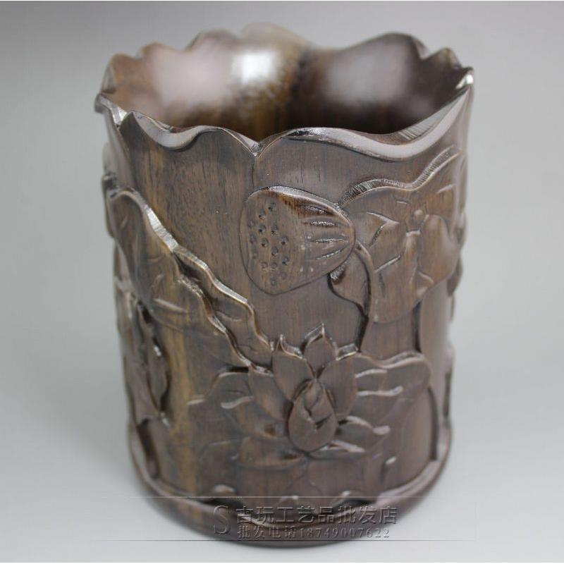 古玩工艺品收藏黑檀木雕刻荷花笔筒办公室书房摆件