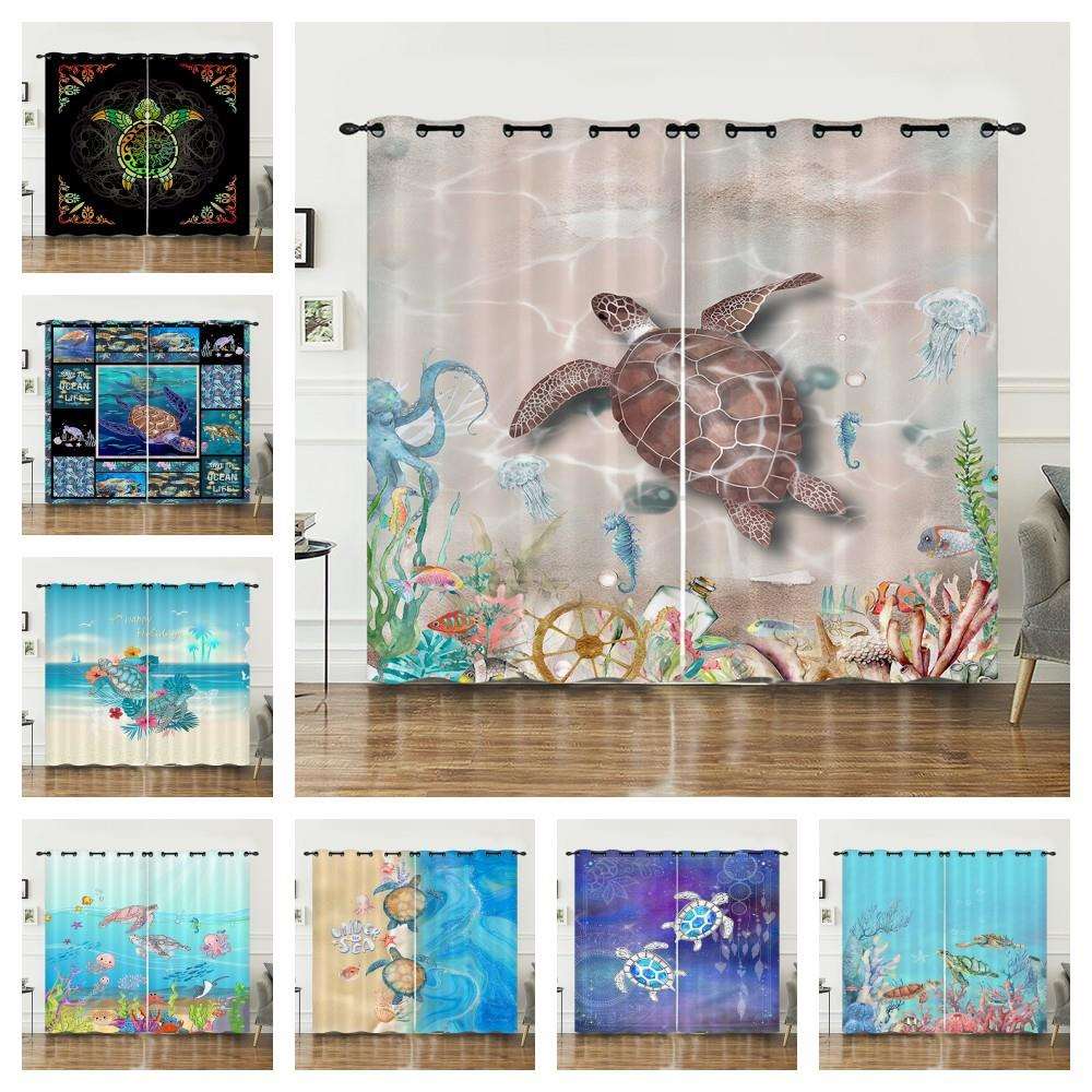 窗帘动物海龟海洋帘子数码印花遮光帘免打孔