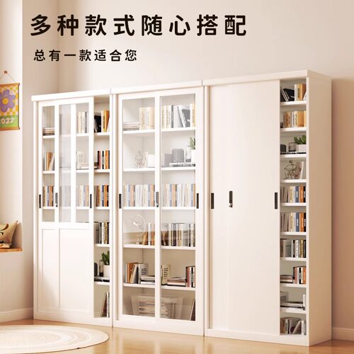 钢制书柜带玻璃门家用防尘推拉门展示柜儿童书籍收纳储物柜置物J*