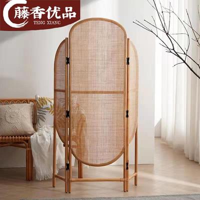 移动折叠网红屏风藤编入户隔断折屏复古日式家用客厅卧室中古平风