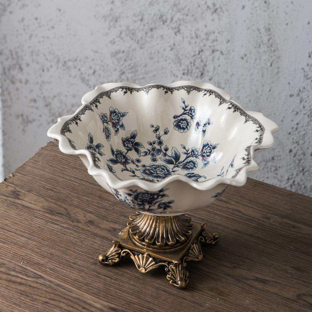 欧式复古陶瓷水果盘别墅客厅家用高脚碗美式干果盘装饰品摆件