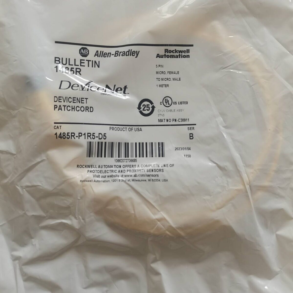 ALLEN BRADLEY罗克韦尔M12双端预铸D网线1米 1485R-P1R5-D5