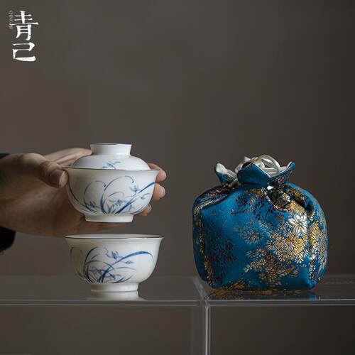 青己旅行茶具一盖碗一杯青花手绘一人饮便携陶瓷茶具兰花快客杯