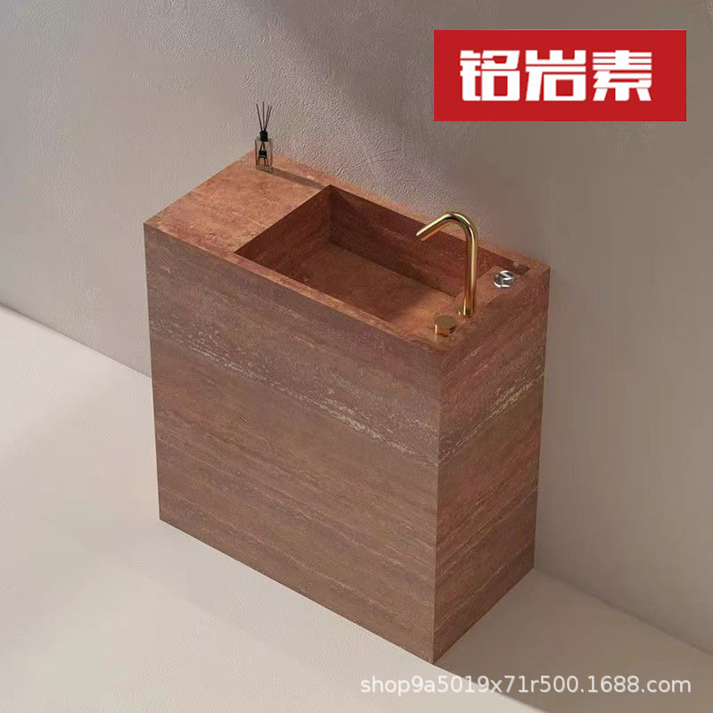 高端酒店别墅红洞石岩板无缝一体立柱盆浴室柜组合卫生间洗漱台