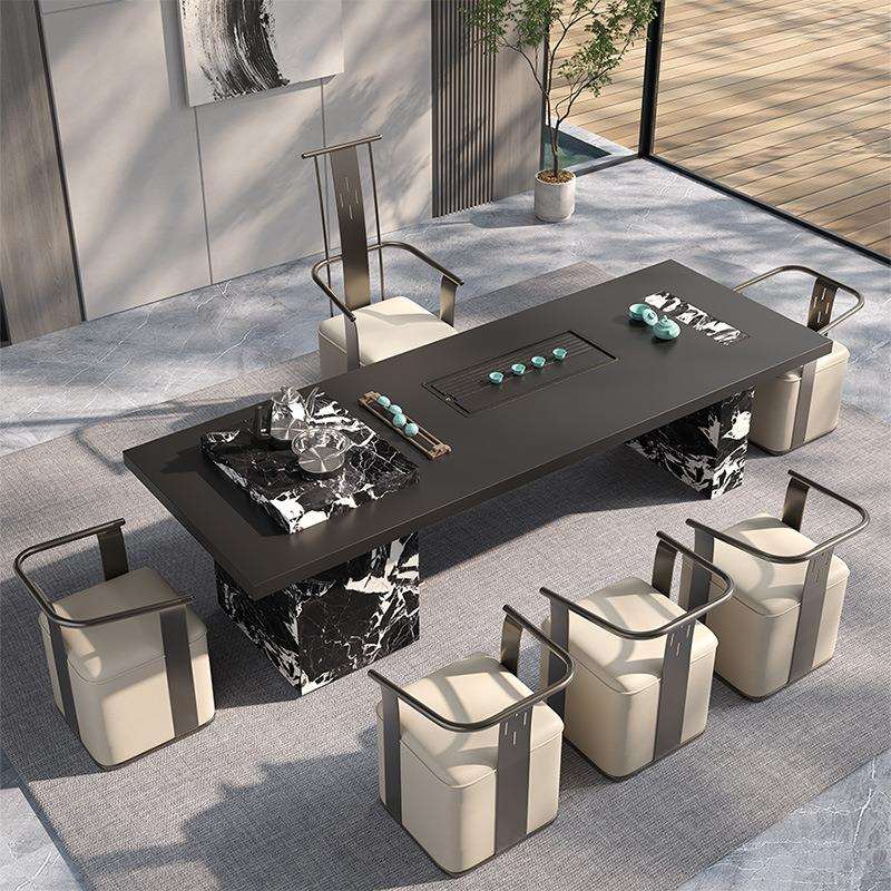 意式极简岩板大板茶桌简约现代高端办公室书桌茶桌烧水壶一体套装