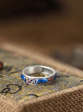 景泰蓝珐琅吉象开口戒指女复古风做旧滴胶工艺文艺国潮民族风