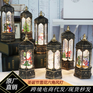 圣诞节装 跨境新款 饰品雪花六角风灯圣诞微景观发光小夜灯