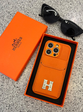 超火巨好看H钻标插卡包iPhone17promax手机壳皮质16pro15高级感14/13全包极简适用16promax手机壳橙色新款女