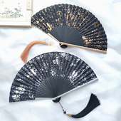 洒金扇子洒银折扇中国风黑色扇子夏天随身便携古典折叠扇古风女扇