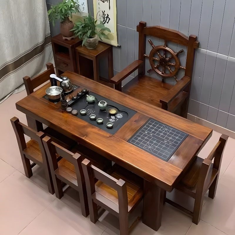 实木茶桌椅组合船木一桌五椅办公室E功夫泡茶桌家用阳台茶几小茶