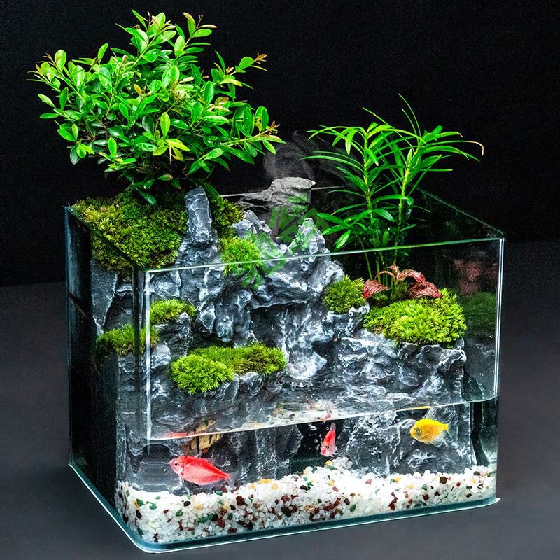 yut【成品发货】生态水陆缸山瀑布假山水循环一体全套风景摆件室