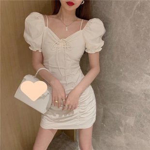 纯欲风褶皱包臀裙子夏天2025年新款收腰修身短裙法式气质连衣裙女