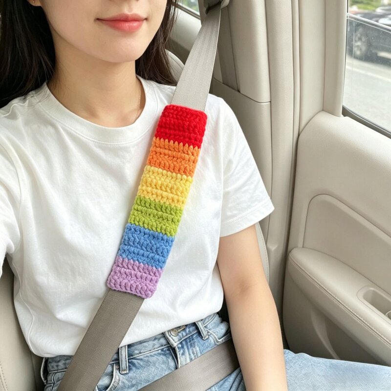 成品!创意好物彩虹汽车安全带保护套自制包钩织车内饰品编织手作