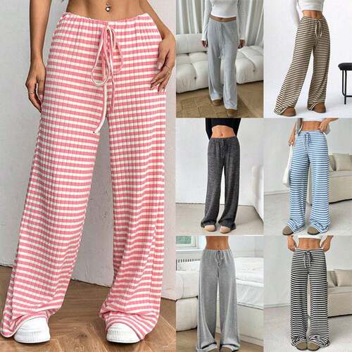 Women Striped Casual Waist Fitted Pants Fashionable Knitted