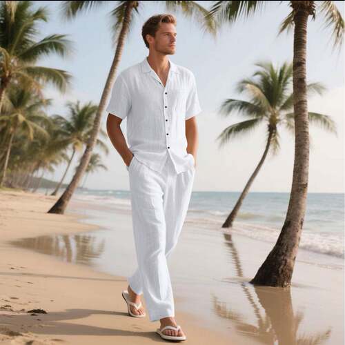 Men Color Plain Linen Shirt Pants Set Regular Casual Comfy