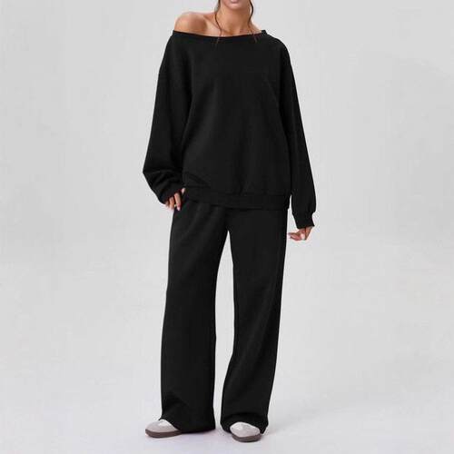 Women Casual Color Sloping Shoulder Sleeve Leg Trousers Co