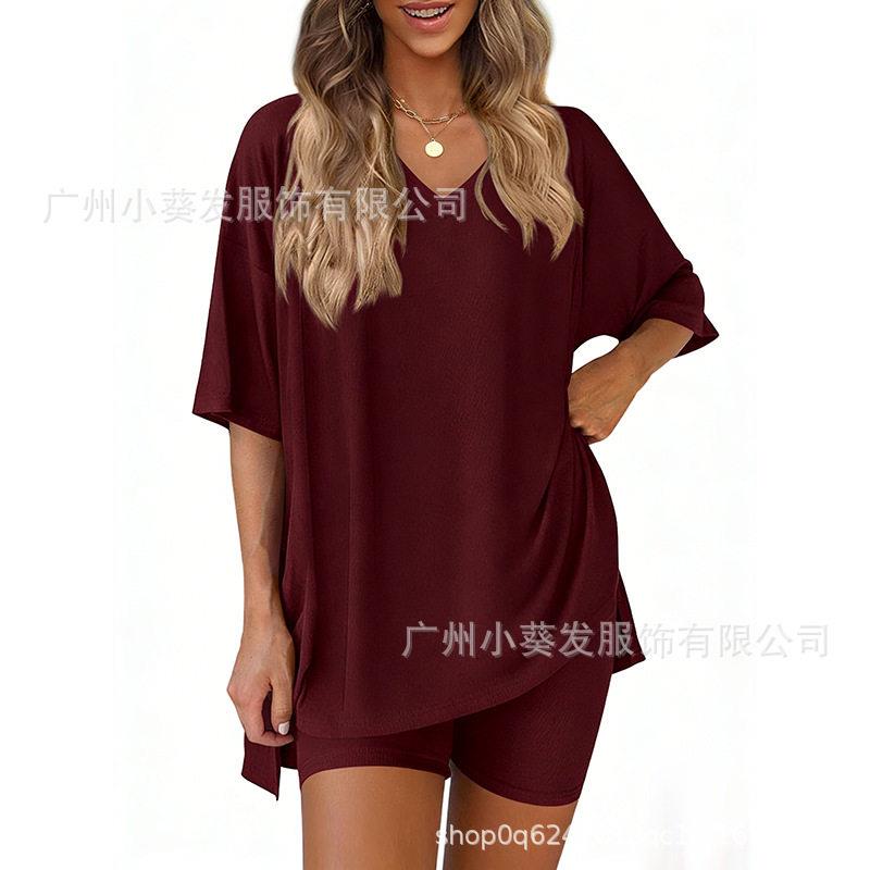 Women 2 Loungewear Set Relaxed V Neck Tee Biker Shorts