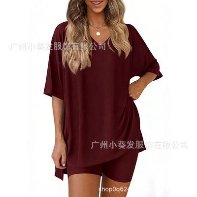 Women 2 Loungewear Set Relaxed V Neck Tee Biker Shorts