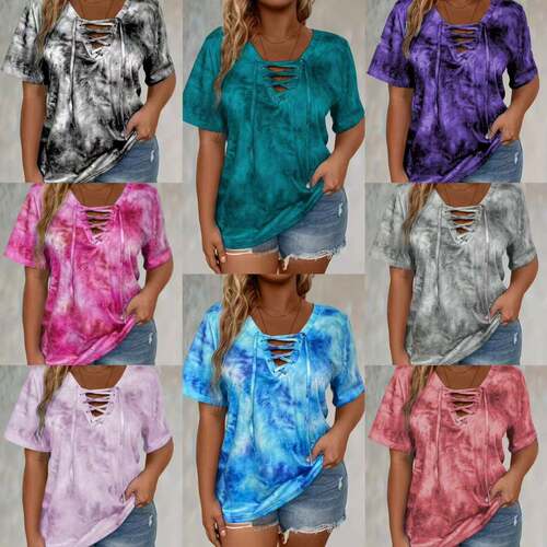 Tie Dye Print Lace Up Tee Casual Sleeve Fitted shirt Summer