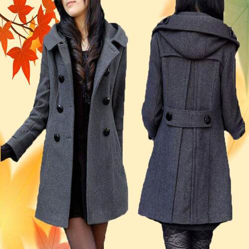 Women Warm Double Breasted Pea Coat Trench Jacket Hood
