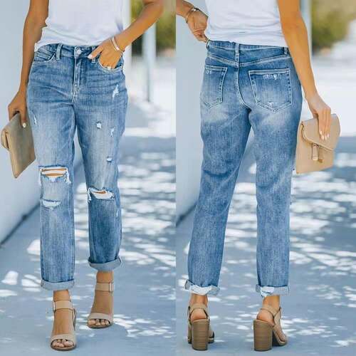 Mid Rise Medium Wash Distressed Jeans Cuff Boyfriend