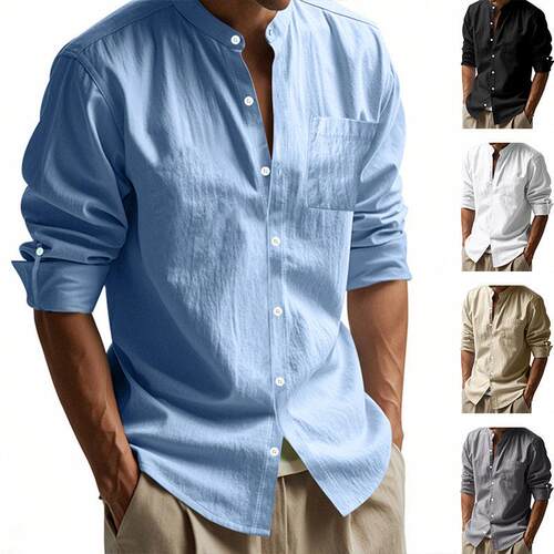 Men Color Linen Henley Neck Shirt Casual Fitted Regular