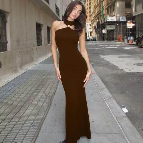 Women Color Halter Neck Bodycon Dress Casual Maxi Club
