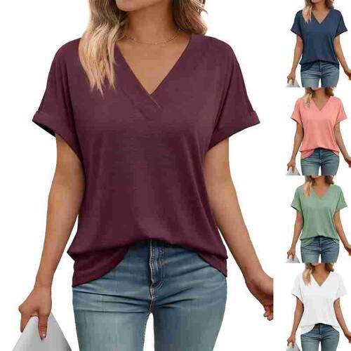 Color V Neck Tee Tops Casual Sleeve Shirt Summer Women