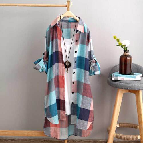Women Casual Plaid Sleeve Fitted Shirt Blouse Four Seasons