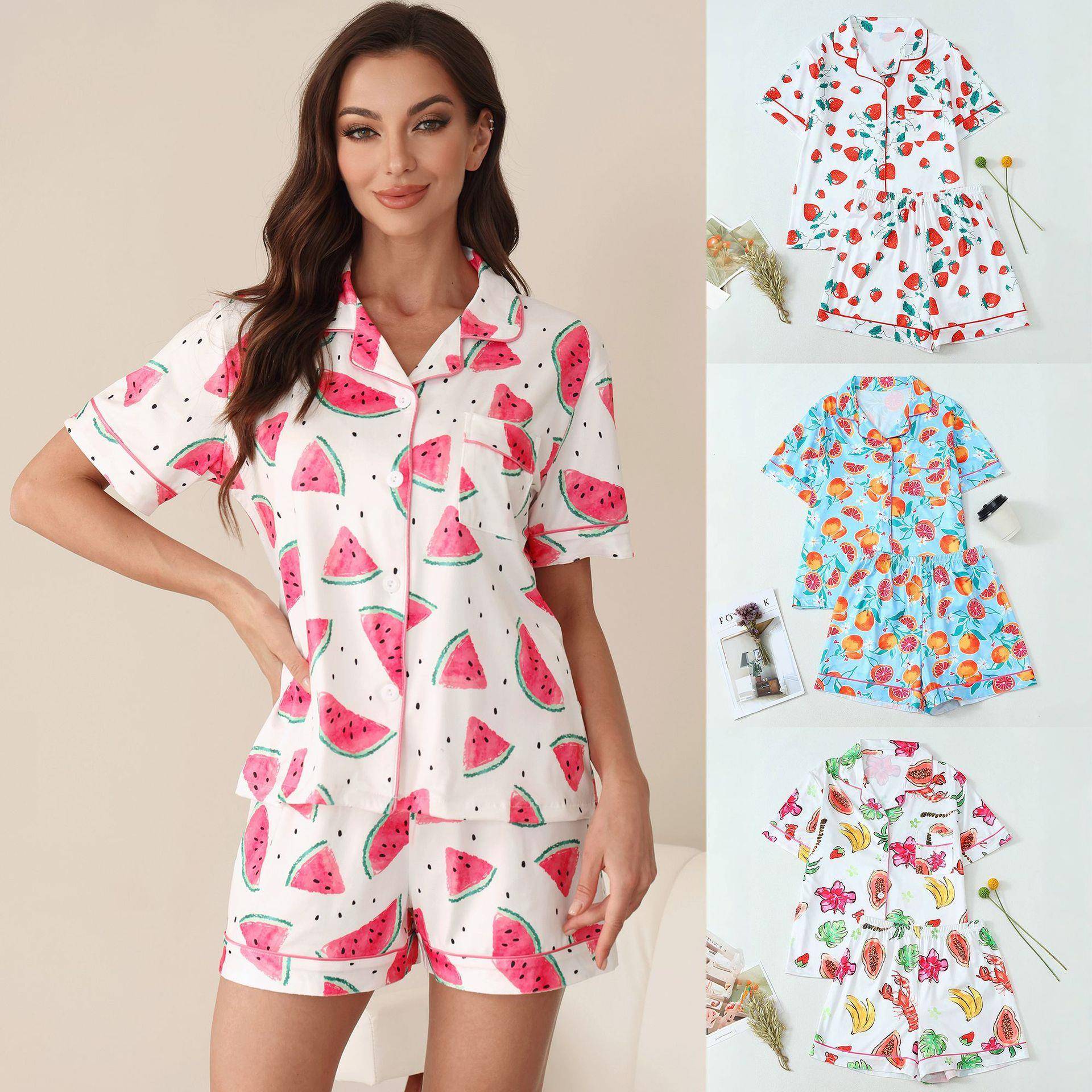 Women Fruit Print Pajama Set Button Front Casual Wear