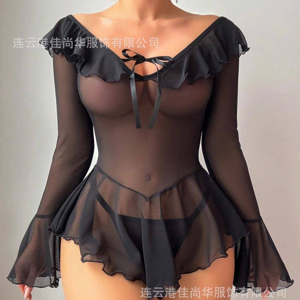 Women 2 Off Shoulder Sleeve Ruffle Mesh Sheer Babydoll